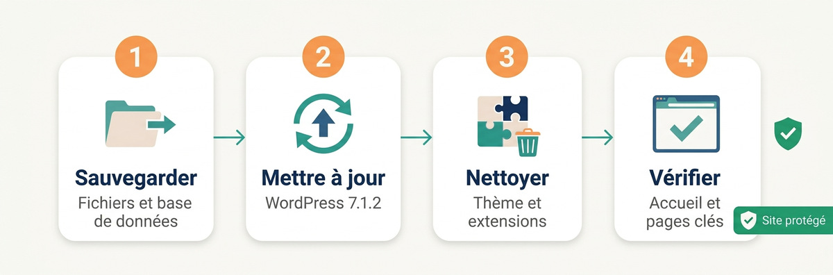 Les 4 étapes pour mettre à jour WordPress en 7.1.2 : sauvegarder, mettre à jour, extensions, vérifier